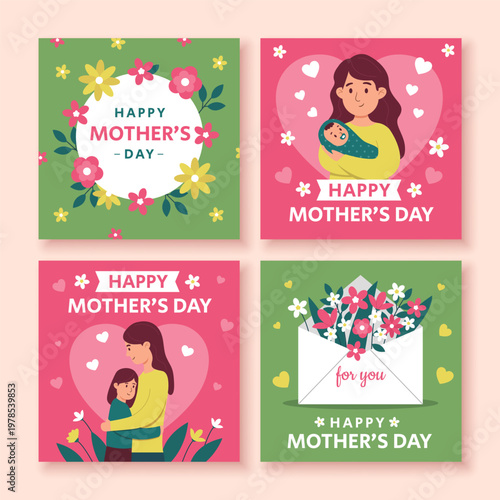 Four colorful square illustrations celebrating happy mother s day with floral designs