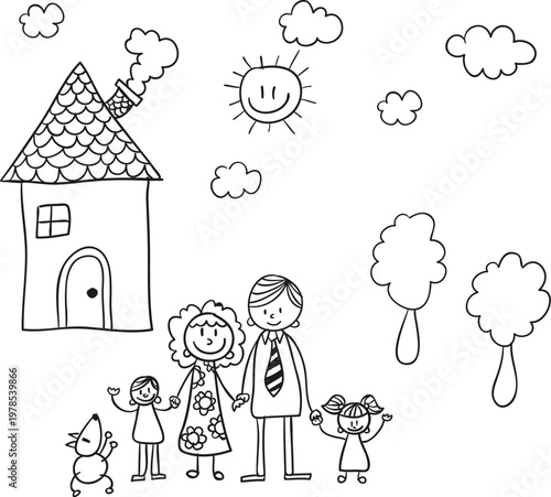 Happy family doodle with house and sun for coloring book vector