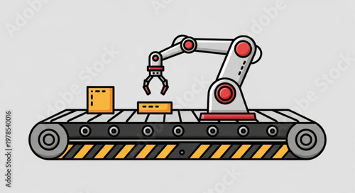 Automated robotic arm on a conveyor belt moving boxes.