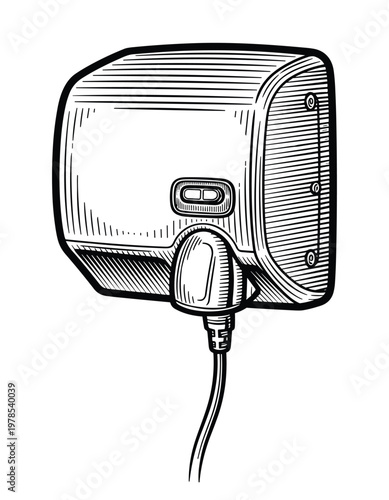Wall mounted hand dryer vector woodcut illustration, classic industrial device drawing.