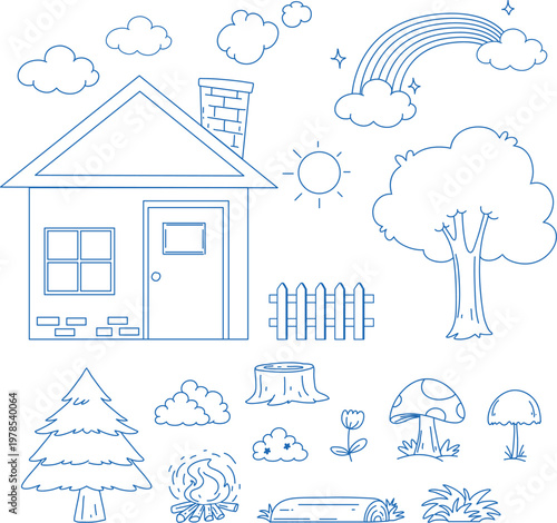 Parents and kids with dog in doodle art for coloring vector