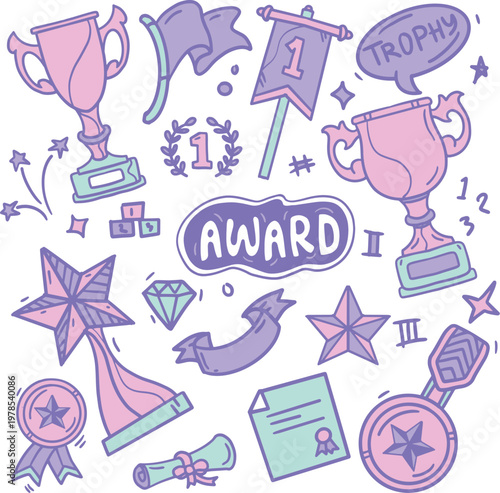 Premium school award stickers with trophy and ribbon icons vector