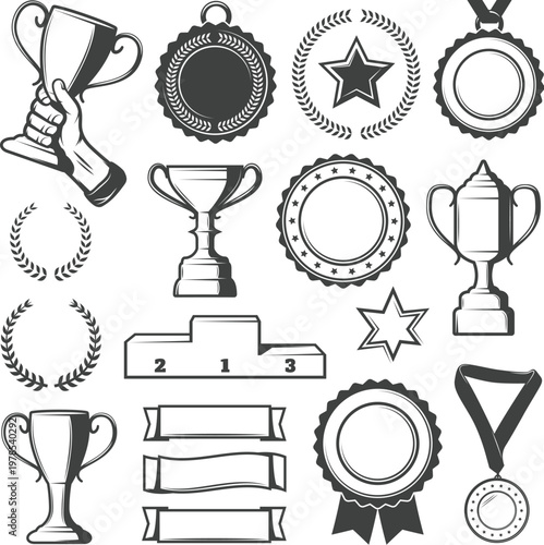 Vibrant achievement icons and success reward stickers set collection vector
