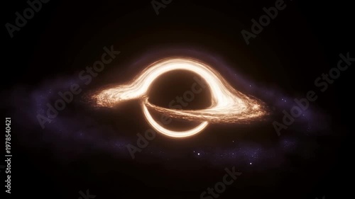 Glowing orange black hole accretion disk swirling slowly in deep space.