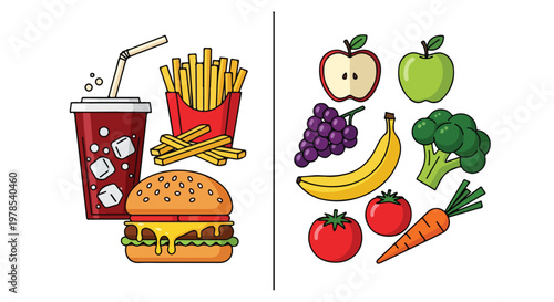Flat lay illustration of healthy and unhealthy food options side by side on a white background with vibrant colors.