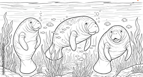 Manatee underwater scene with sea grass and fish detailed line art coloring page vector illustration marine life composition