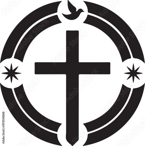 Modern Christian cross with dove and starbursts in circular frame
