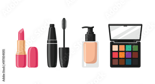 Assorted beauty essentials including pink lipstick and mascara accompany a foundation bottle and eyeshadow palette in a clean and professional art layout.