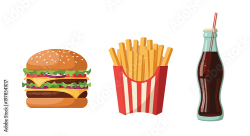 Flat lay of a burger, french fries in a red container, and a soda bottle on a white background.