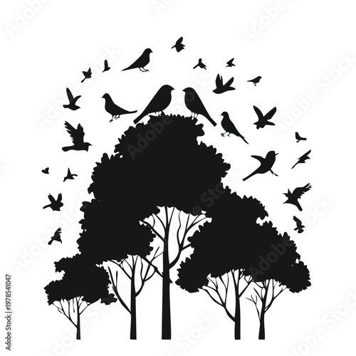 Birds perched on trees and swarming flock silhouettes with silhouette wildlife isolated background landscape swarming migration illustration movement ornithology decorative creative