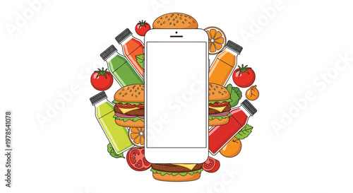 Blank white smartphone sits centered within a vibrant circular arrangement of fresh burgers and healthy fruit juices against a clean and bright background.