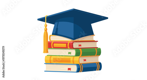 Sturdy stack of multi-colored books holds a prominent blue graduation cap with a hanging gold tassel in a crisp and professional educational art display.