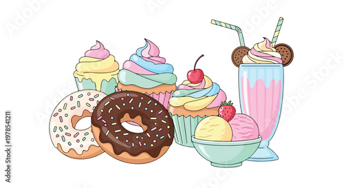 Colorful illustration of assorted desserts including donuts cupcakes ice cream sundaes and milkshake on a white background.
