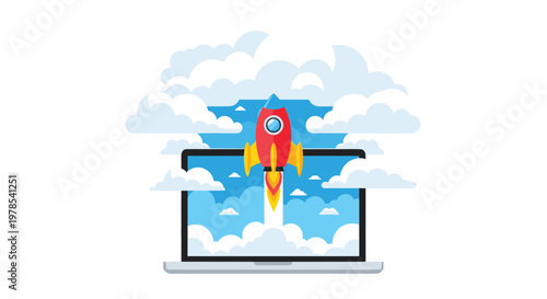 Vibrant red rocket launches from a laptop screen into a sky filled with fluffy white clouds representing rapid startup growth and digital innovation.