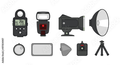 Comprehensive collection of professional photography equipment including a light meter and strobe lights is displayed on a clean neutral grey background.