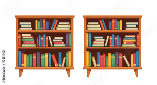 Two wooden bookshelves filled with colorful books are neatly arranged against a white background