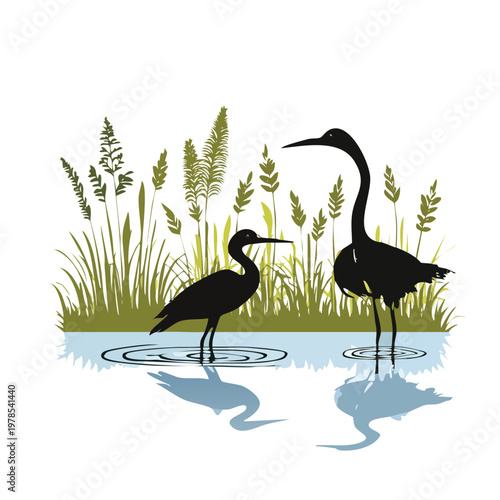 Pair of wading birds in a grassy wetland habitat with silhouette wildlife landscape waterbird environment outdoors reflection illustration ecosystem birdlife ornithology standing marshland