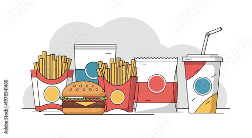 Flat lay illustration of fast food packaging with fries, burger, soda, and snacks on a white background.