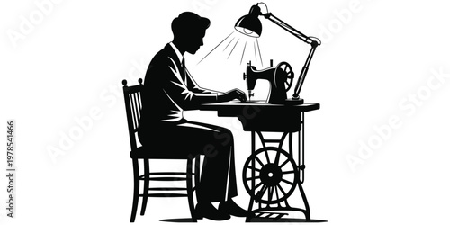 Vintage sewing machine silhouette illustration, person at treadle machine artwork, textile craft vector design, traditional tailoring drawing, black and white style