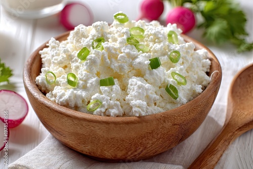 Fresh cottage cheese in a wooden bowl with radish and greens for food