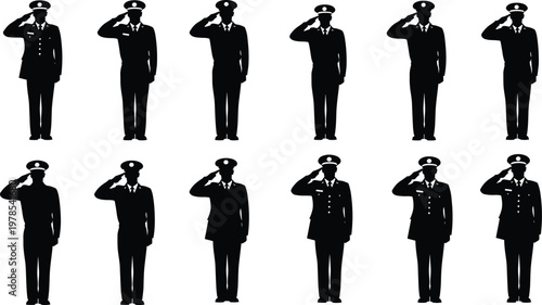 Set of military silhouettes showing officers in uniform saluting, soldiers standing at attention, army personnel icons, isolated on white background.