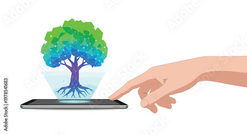 Digital hand interacting with a glowing low-poly tree hologram projected from a modern sleek tablet device against a clean and minimalist white background.