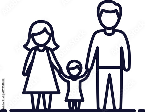Minimalist line art illustration portraying a cheerful family, featuring a mother, father, and their little child holding hands, symbolizing strong bonds and togetherness.