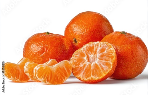 Fresh mandarin oranges whole and segments isolated on white background