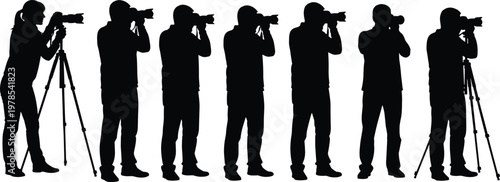 Set of photographer silhouettes taking photos with professional cameras and tripods, press group, paparazzi, media journalists, isolated on white background.