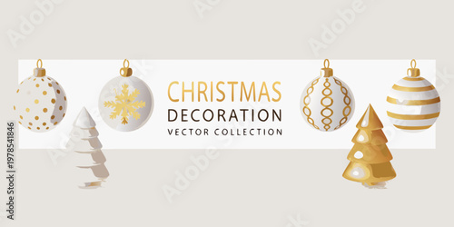 Festive christmas ornaments and trees in a golden and white palette