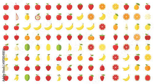 Extensive collection of colorful fruit icons featuring apples, bananas, strawberries, and citrus slices arranged in a systematic grid on white background.