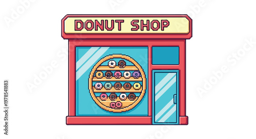 This pixel art vector illustration depicts a charming red donut shop with a large circular window display filled with colorful donuts.