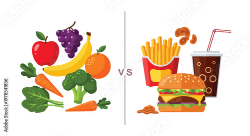 Infographic comparing healthy food like fruits and vegetables versus unhealthy food like fast food on a white background with a split-screen composition.