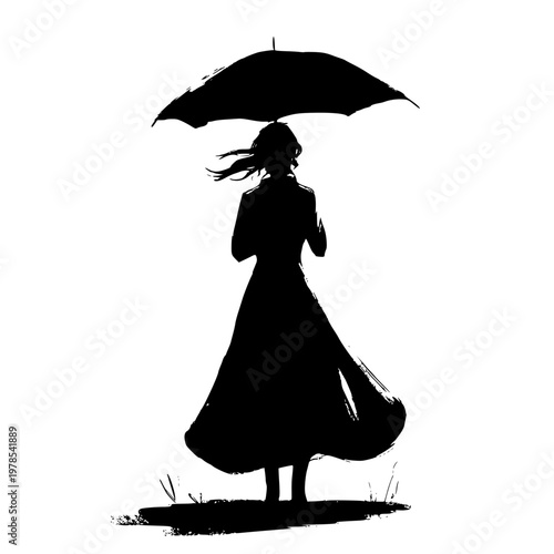 Silhouette of a woman standing alone holding an umbrella in the wind
