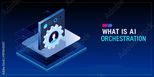 Isometric illustration depicting ai orchestration with gears and a laptop