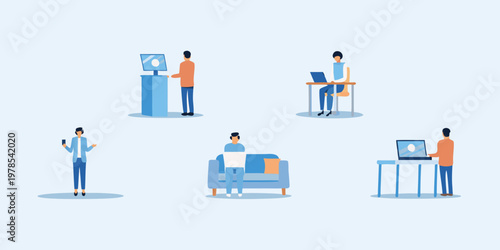 People interacting with technology in a modern open plan office space