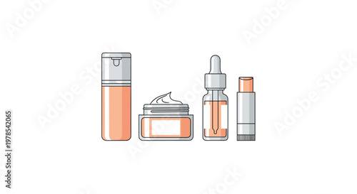 Minimalist peach colored skincare product collection featuring elegant pump dispensers and glass serum dropper bottles arranged on a clean white surface.