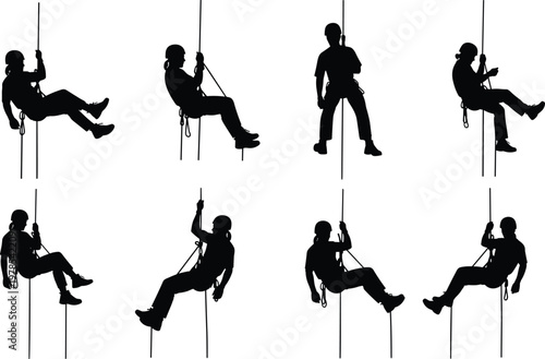 Set Of Professional Rappelling Silhouettes Isolated On White Background For Industrial Rope Access Safety Training Rock Climbing And Extreme Sports Design (22 words)