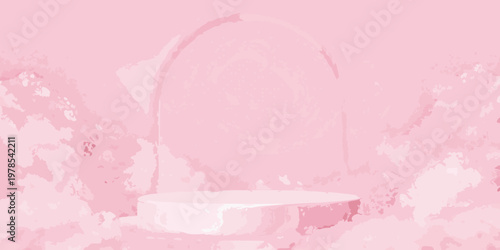 Minimalist pink abstract stage with circular arch and stone platform