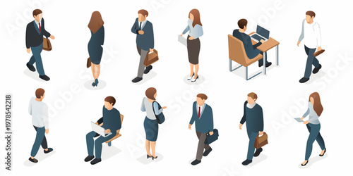 Isometric illustration depicting diverse business people in various professional settings