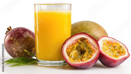 Fresh passion fruit juice with fruits healthy refreshment and still life