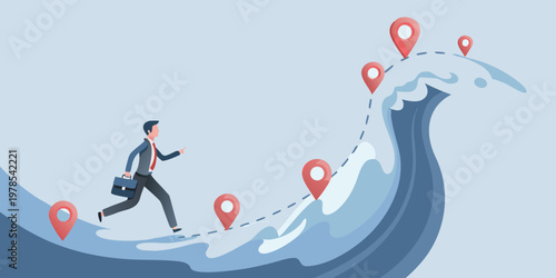 Businessperson navigating a wave of location markers representing growth