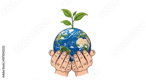 Illustrated hands gently cradle a vibrant Earth globe, symbolizing a human care concept, with a small green plant sprouting from the top in a minimalist style against a clean white