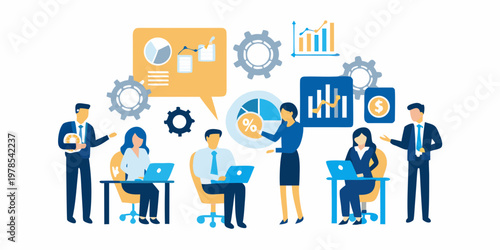 Business team collaborating and analyzing data with charts and diagrams
