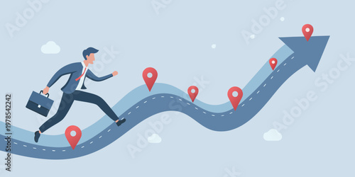 A businessman runs up a rising arrow representing growth and success