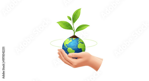 A hand gently cradles a miniature Earth with a vibrant green plant growing on top against a clean white background, creating a conceptual illustration with a positive and hopeful mood