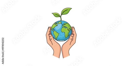 A vector illustration shows human hands gently holding a globe with a small green plant sprouting from the top, symbolizing environmental care and sustainability against a clean white