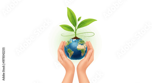 Against a clean white backdrop, a vector illustration showcases hands gently holding a globe with a green plant growing from it, embodying the human care concept with a symbolic design
