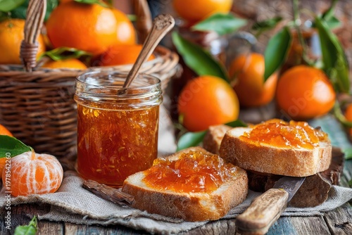 Fresh orange marmalade on toast with ripe fruit and a glass jar