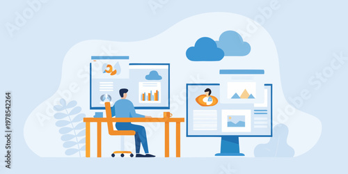 Man analyzes data and charts on multiple computer screens